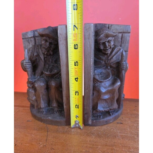 Vintage Hand Carved Wood Latin American Mexico Bookends Sitting Old Man & Woman - Picture 2 of 10